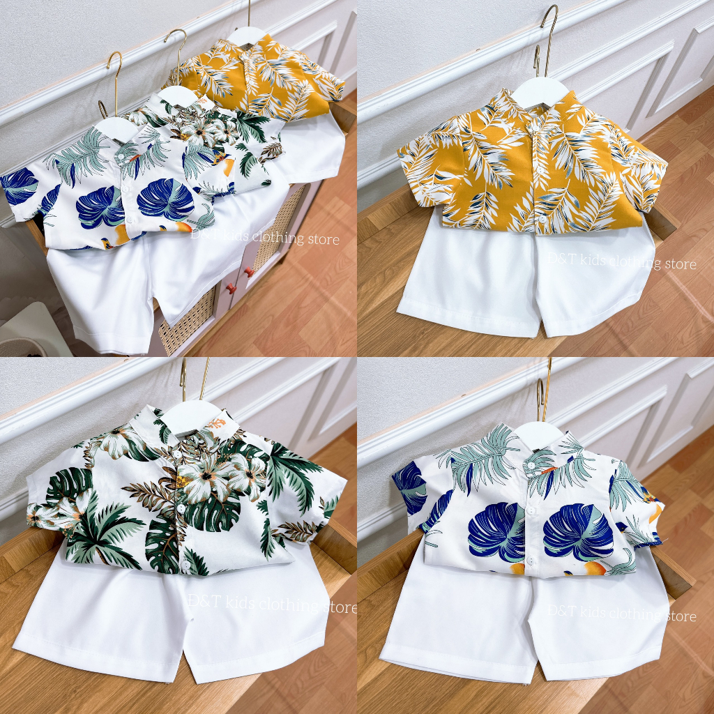 Quần áo đi biển cho bé trai hình cây dừa, lá cọ Size Đại 8-30kg Set bộ cổ tàu trẻ em từ 1 đến 11 tuổi