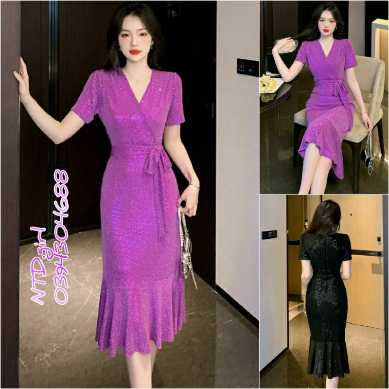 Hàng nhập - Đầm dáng ôm thun kim tuyến đuôi cá, váy body dự tiệc cổ V xếp nơ eo