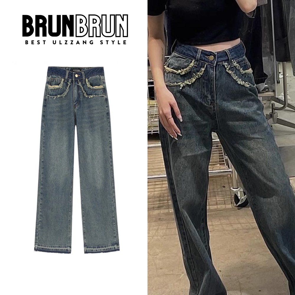 Quần jean nữ ống rộng dáng suông phối lưng tua rua kiểu siêu lạ chất dày dạn FJ02 | BigBuy360 - bigbuy360.vn