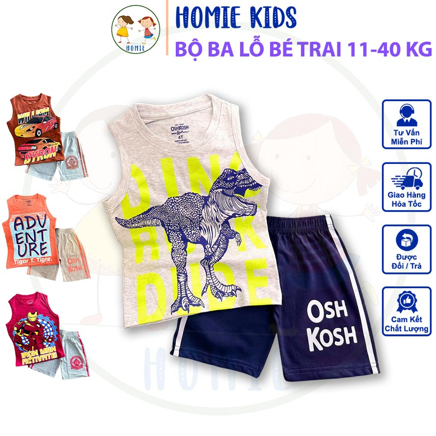 Bộ ba lỗ bé trai size đại 11-40 kg set đồ sát nách quần áo thun cotton cho bé in khủng long ôtô quái xế game Homie Kids