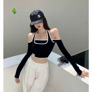 Áo kiểu nữ trễ vai tay dài phối yếm choàng cổ chất thun gân dáng ngắn croptop phối viền màu xinh