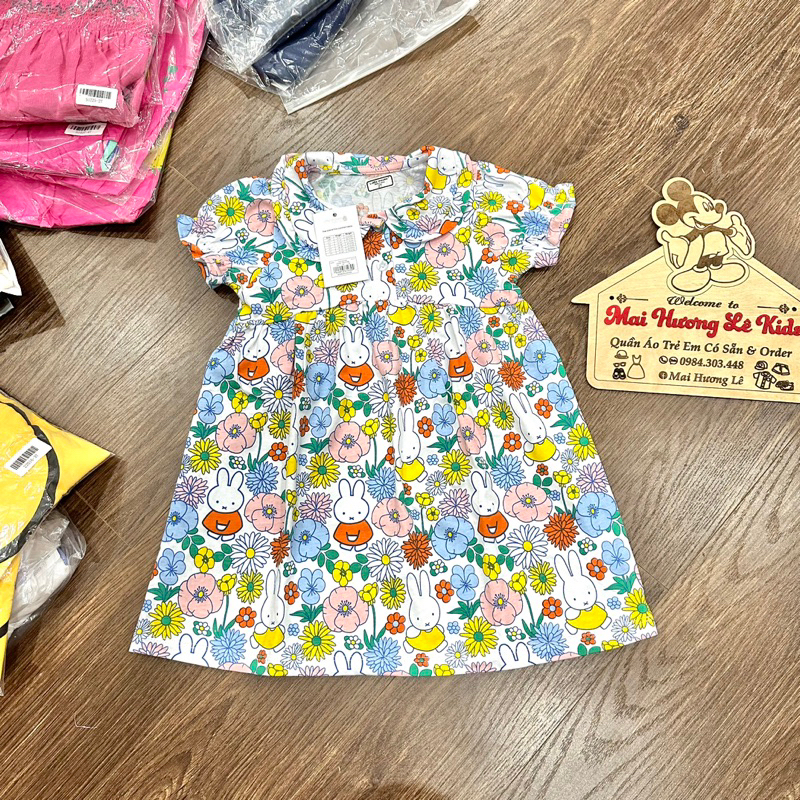 Váy bé gái cộc tay thun cotton mùa hè, hoạ tiết bé thỏ tinh nghịch