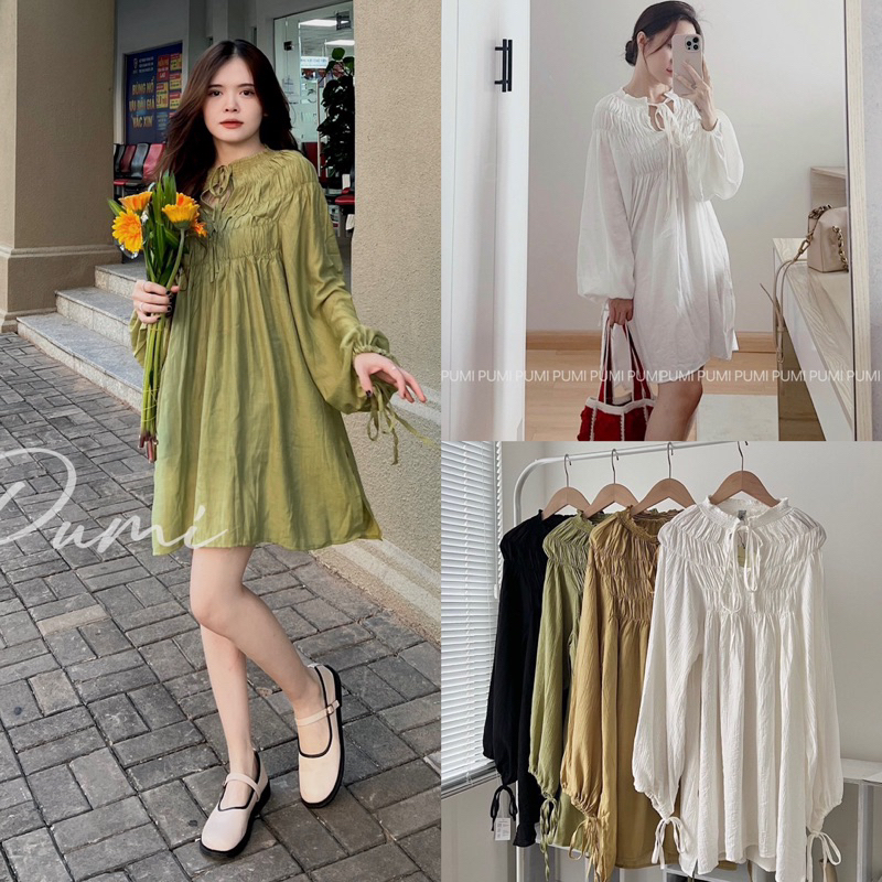 Đầm BBD viền cổ bèo nhún vai chất voan mỏng có cột nơ tay trước 4 màu freesize Pumi 14092