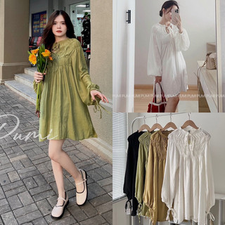 Đầm BBD viền cổ bèo nhún vai chất voan mỏng có cột nơ tay trước 4 màu freesize Pumi 14092