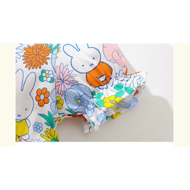 Váy bé gái cộc tay thun cotton mùa hè, hoạ tiết bé thỏ tinh nghịch