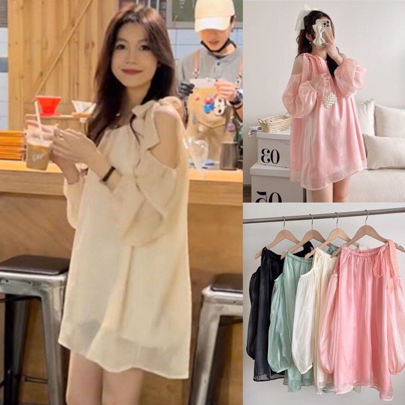 Váy voan trễ vai dài tay bồng buộc nơ 1 bên điệu đà chất tơ organza ánh nhũ 4 màu siêu xinh