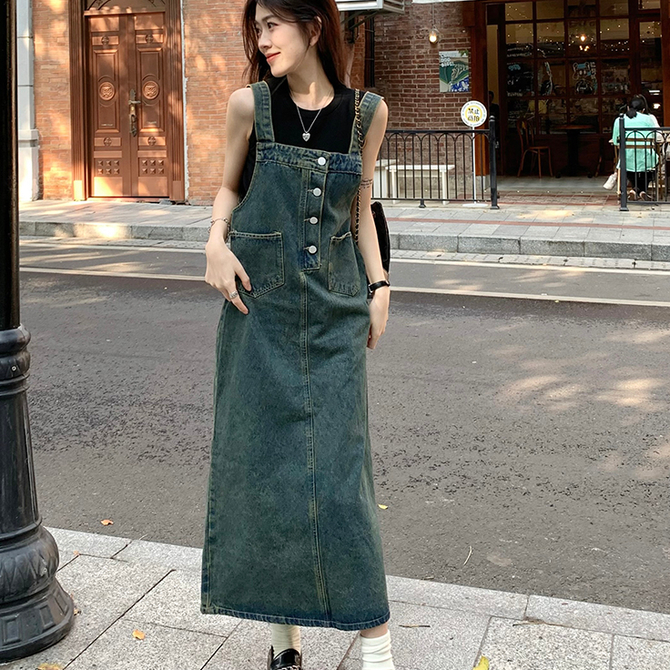 Váy yếm jean dáng dài chất denim dày dặn cúc đồng,yếm bò nữ from rộng size ML