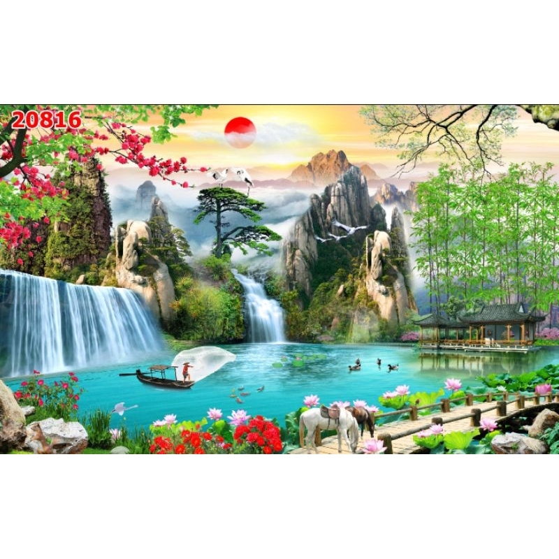 Tranh dán tường 3d tranh sơn thủy hữu tình vải lụa có in theo kt Z@ Lô:0*9*6*7*9*5*9*3*9*9
