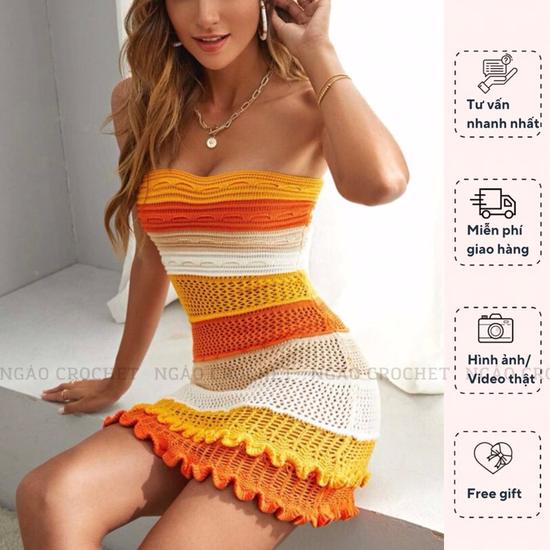 Váy Len Móc Bèo Nhún Ôm Body Phối Màu Phong Cách Gợi Cảm - Đầm Len Ôm Sát Tua Rua Tôn Dáng