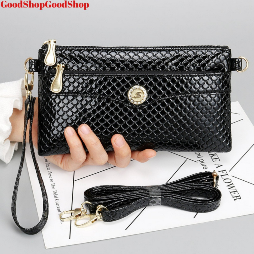 Ví nữ dài cầm tay kèm dây đeo chéo đeo vai NEW-0094 với 3 ngăn tiện dụng chất liệu da cao cấp trơn bóng cực đẹp