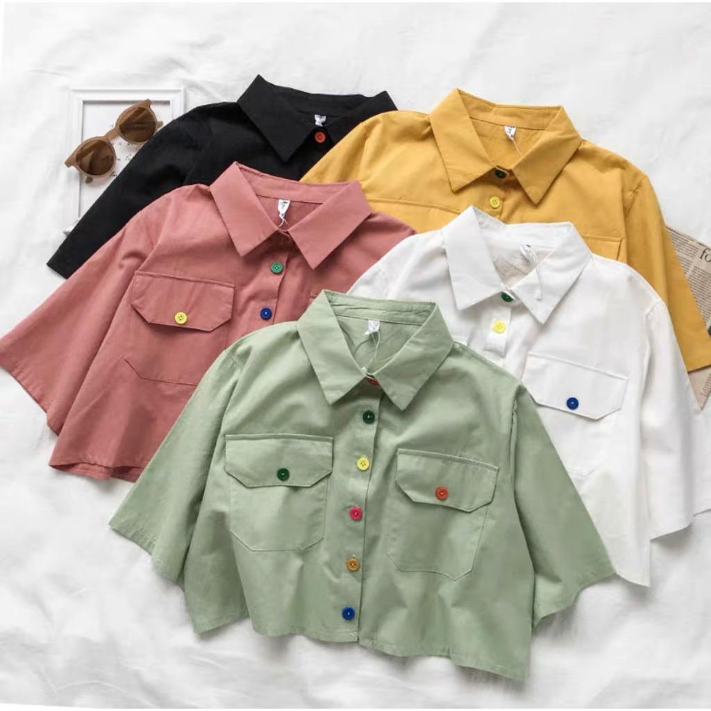 Áo sơ mi croptop nút cầu vồng, áo sơ mi form rộng croptop kiểu uizangg dễ phối đồ