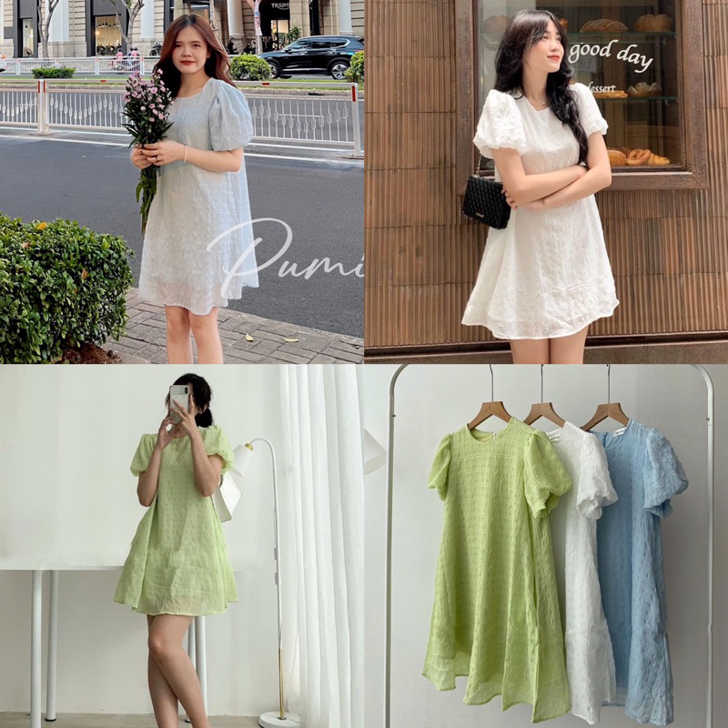 Đầm suông nữ cổ tròn kiểu tay ngắn bồng vải xốp nhăn 3 màu freesize Pumi 14324