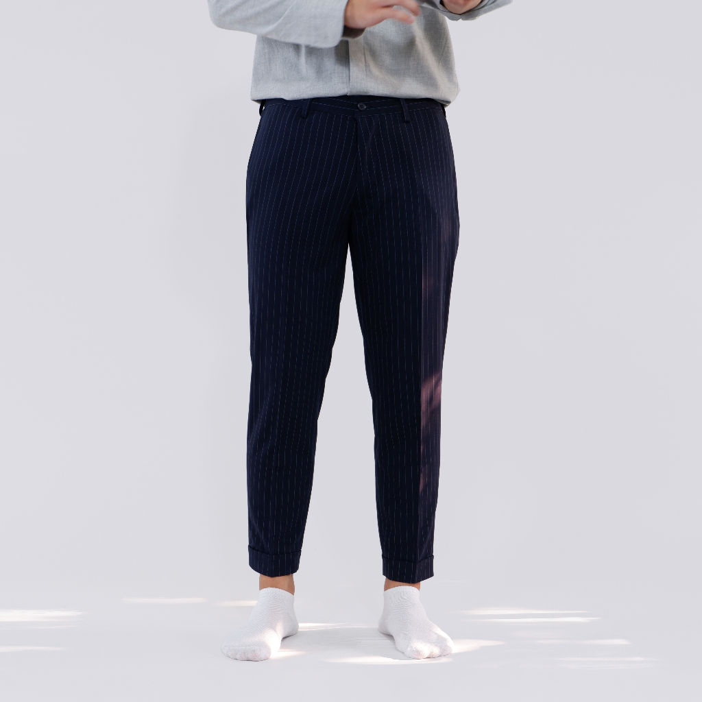 Quần âu nam lật gấu betterNick màu xanh đen kẻ sọc form carrot fit lưng thun sử dụng thường ngày
