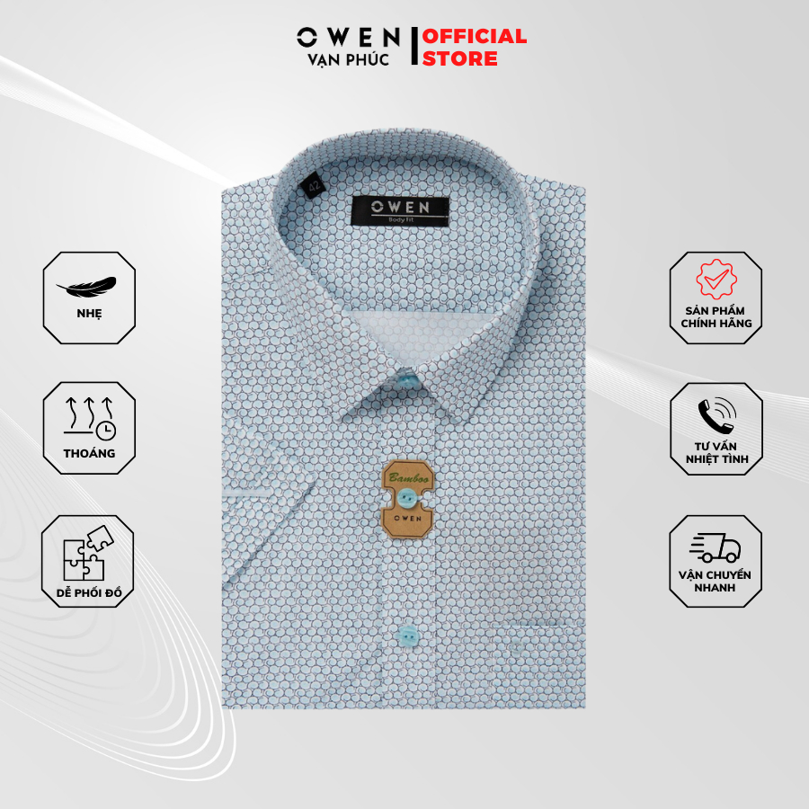 Áo Sơ Mi Nam Cộc Tay OWEN AB230127NT Trắng in Kiểu Dáng Body Fit Chất Liệu BamBoo Mịn Mát Dễ Phối Đồ