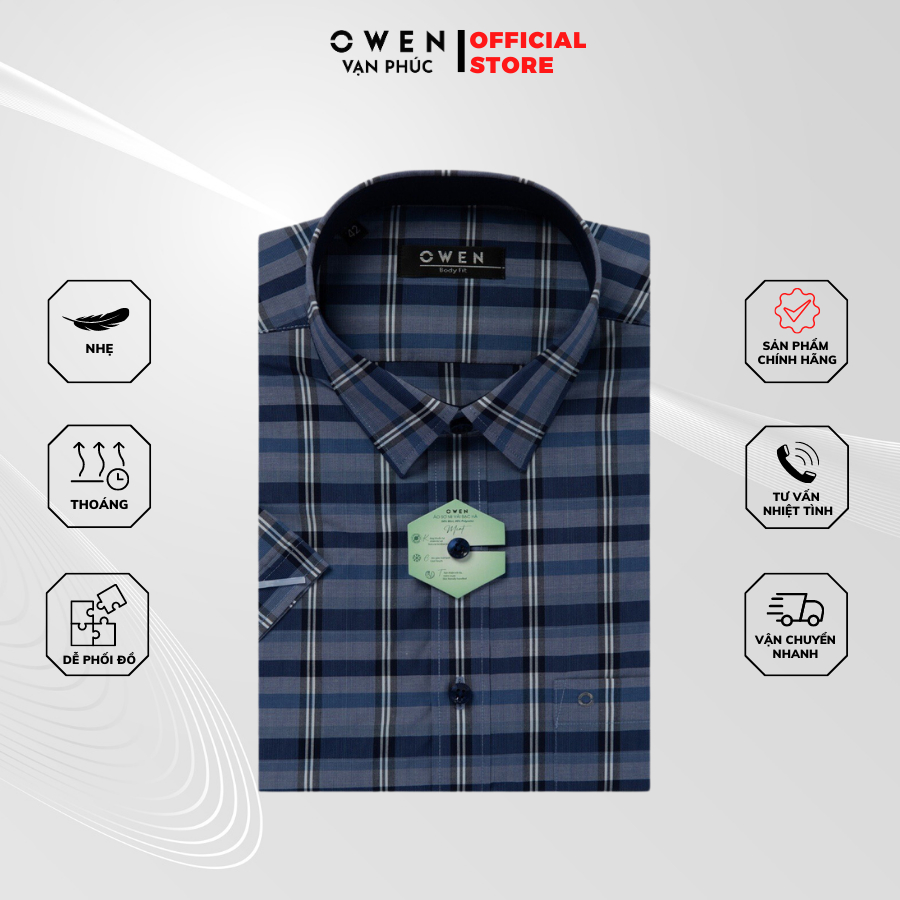 Áo Sơ Mi Nam Cộc Tay OWEN AB230113NT Kẻ caro lớn navy Kiểu Dáng Body Fit Chất Liệu Mint An Toàn Cho Sức Khoẻ