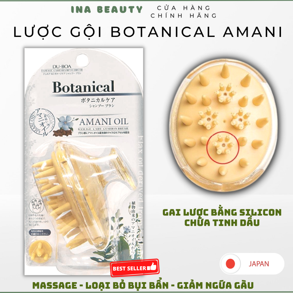 Lược Gội Đầu Dưỡng Sinh Botanical Amani Oil Nhật Bản, Gai chứa Tinh dầu thơm, Dưỡng tóc, Massage Detox Da Đầu