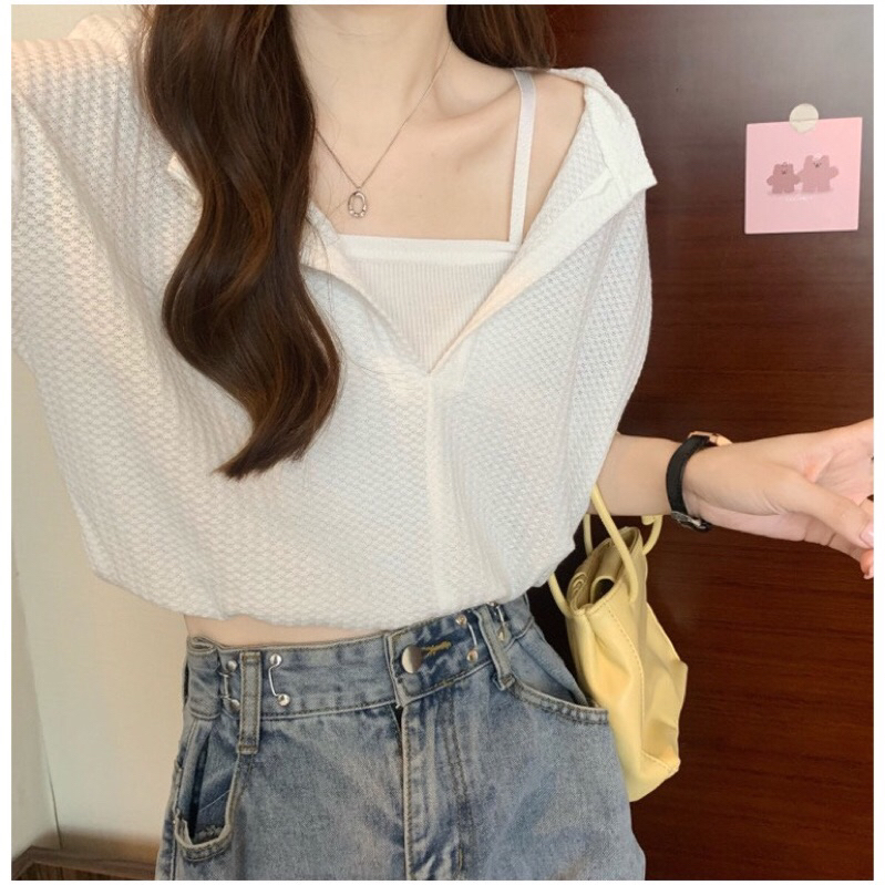 Bộ Set Áo Croptop Cộc Tay Cổ V Vải Tổ Ong Bo Eo 3 Màu - Áo Thun Eo Chun Cổ V Ngắn tay B062