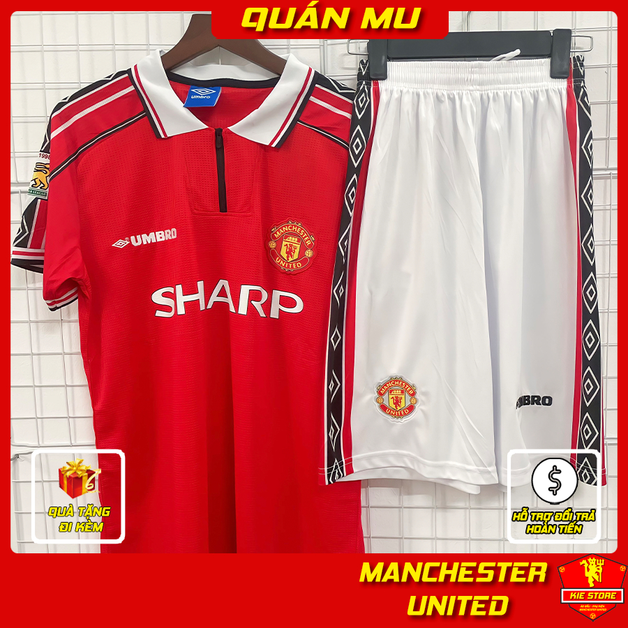 Set bộ thể thao quần áo bóng đá CLB Manchester United 1998 Sharp đỏ huyền thoại / Bộ MU vải thái xịn