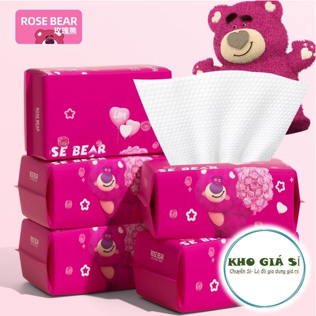Khăn giấy lau mặt gấu dâu dùng một lần chất liệu cotton dày, tẩy trang đa năng đi du lịch - loại khô 50 tờ