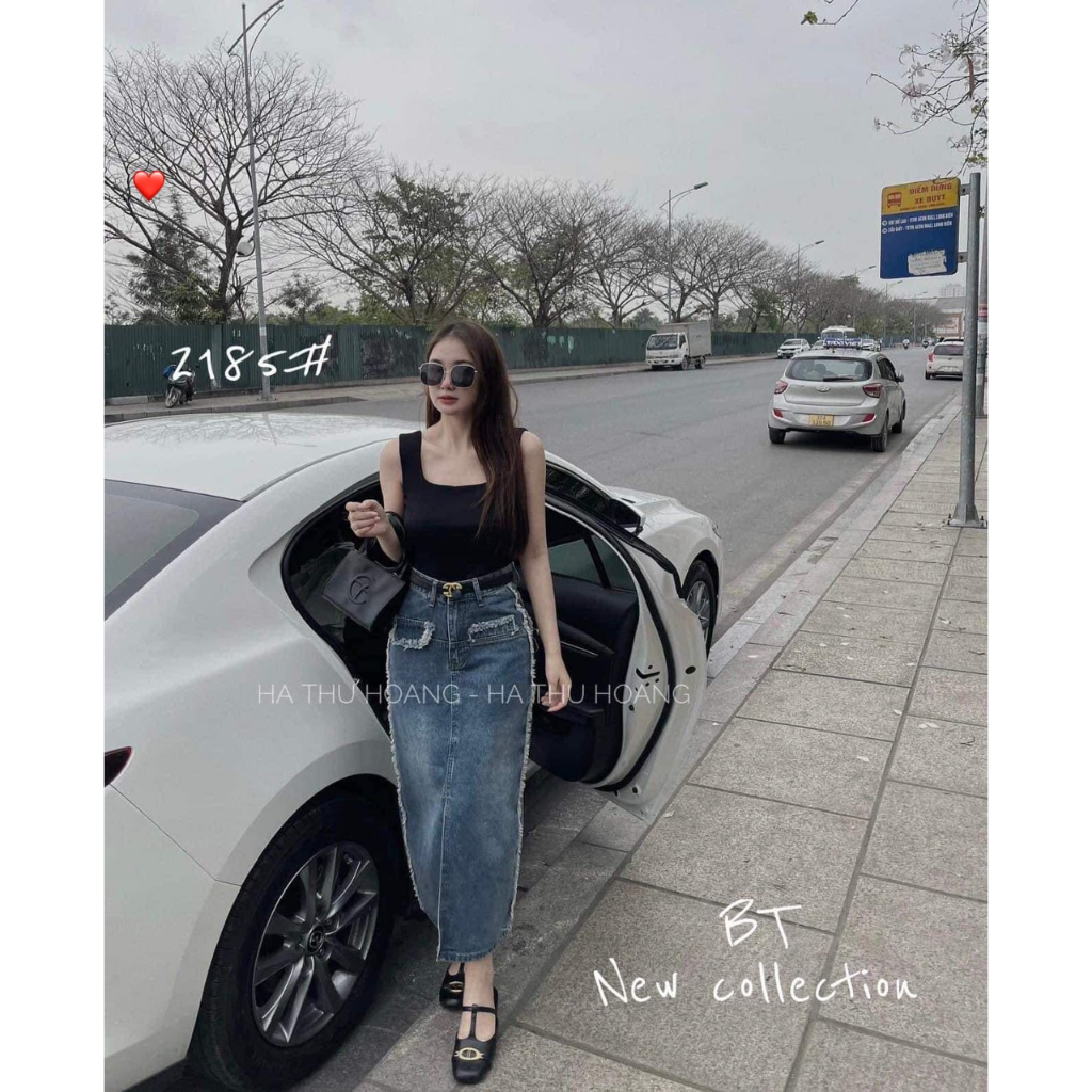 Chân váy jean dáng dài phối túi bèo hot trend có 3 size SML