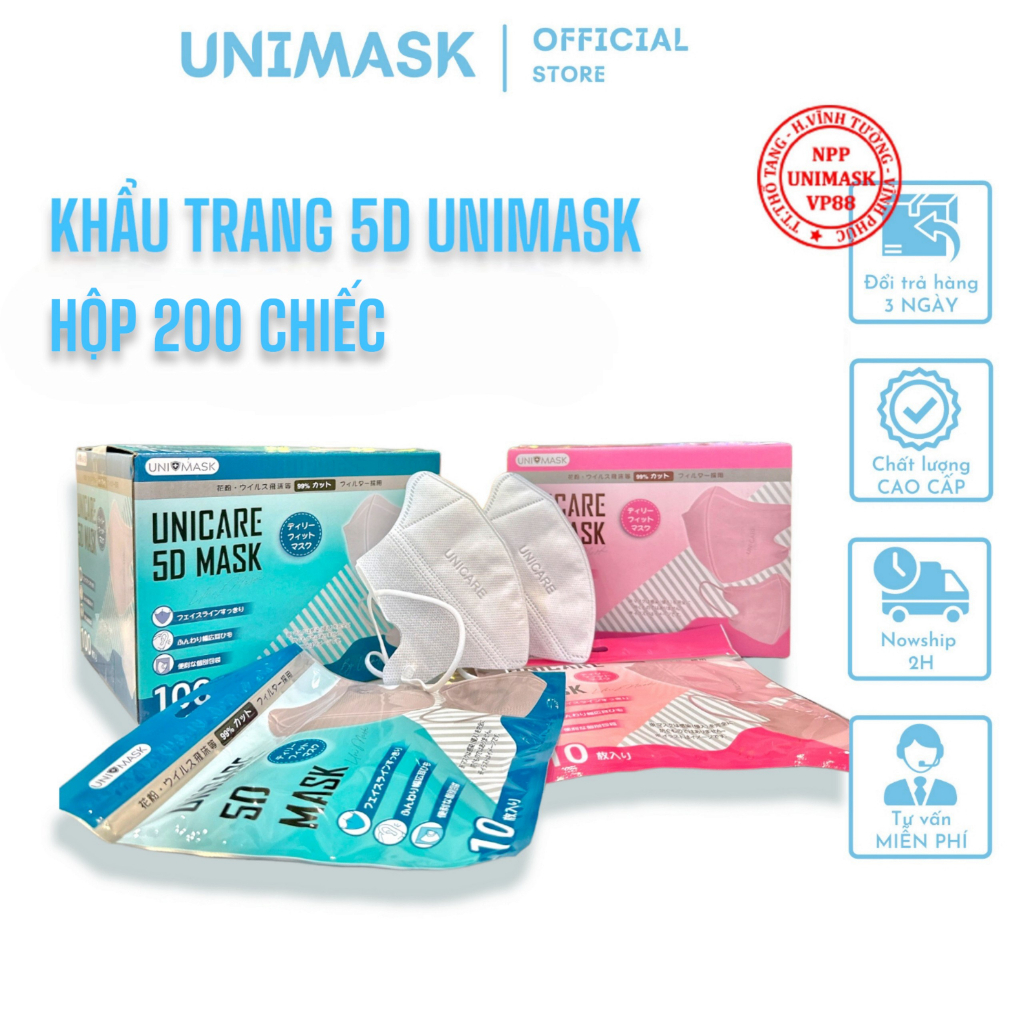 Hộp 200 Chiếc Khẩu Trang 5d Unimask - Unicare, Hàng Chính Hãng Công Ty Unimask, Hàng Kháng Khuẩn - Chống Nước