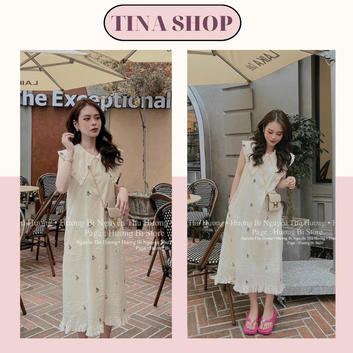 Váy Đầm Babydoll Nữ, Chất Vải Thô Thêu Hoa Nổi Phối Lá Cổ, Đầm Suông Dáng Dài Hàng Đẹp Freesize