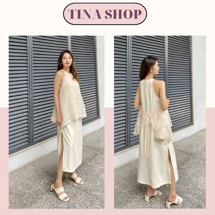 Váy Đầm Maxi Nữ Dáng Dài Phom Suông Xẻ Tà Cổ Yếm Phối Ren Sợi, Hàng Thiết Kế Có Size, Dưới 58kg