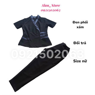 Đồng phục spa khuy eo đen viền xám cotton chất lượng