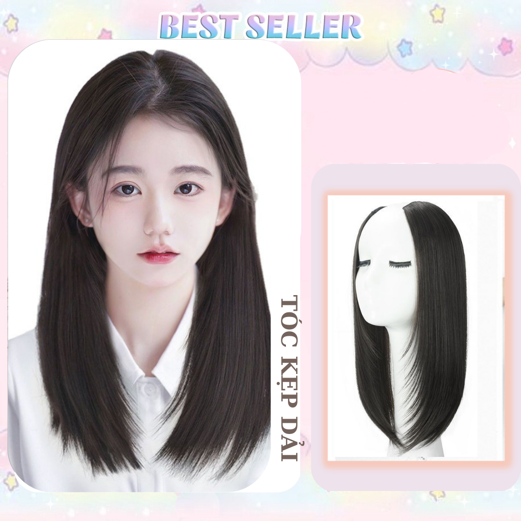 Tóc giả chữ U kẹp nửa đầu layer cụp đuôi 40cm, 55cm - Kẹp tóc giả nửa đầu làm dày tóc xoăn layer dài 40cm