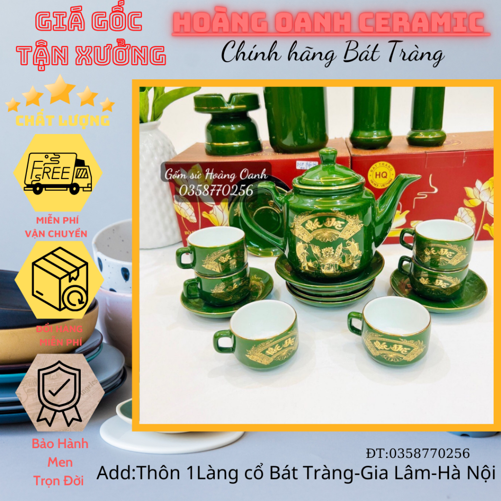 (CHỌN MẪU)Bộ Ấm chén pha trà Bát Tràng-men Xanh Rêu,ấm Jasimine-vẽ vàng:Phúc Đức,Vinh Hoa Phú Quý,Kim Kê Đại Cát