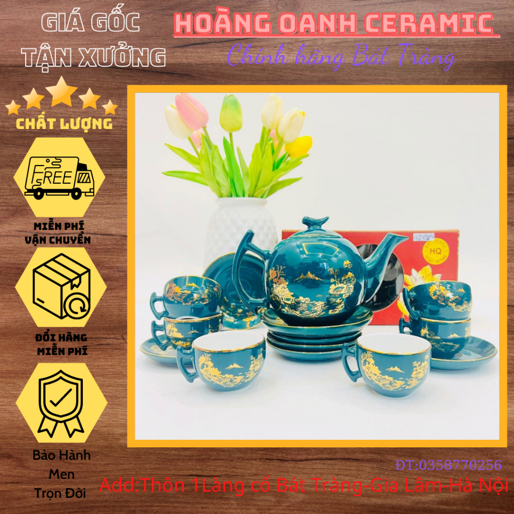 (CHỌN MẪU)Ấm chén nhà lò Bát Tràng vẽ Vàng-bộ Công Tài Lộc,Kim Kê Đại Cát,Sen Trà-ấm Bưởi cành