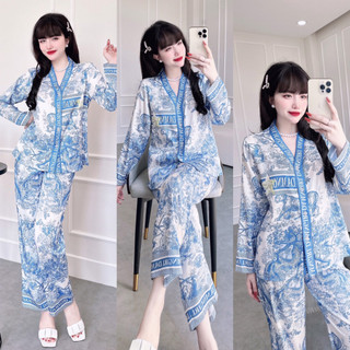 Đồ bộ mặc nhà nữ quần dài + áo tay dài cổ y lụa xước in 3d_ngân boutique đồ ngủ pijama