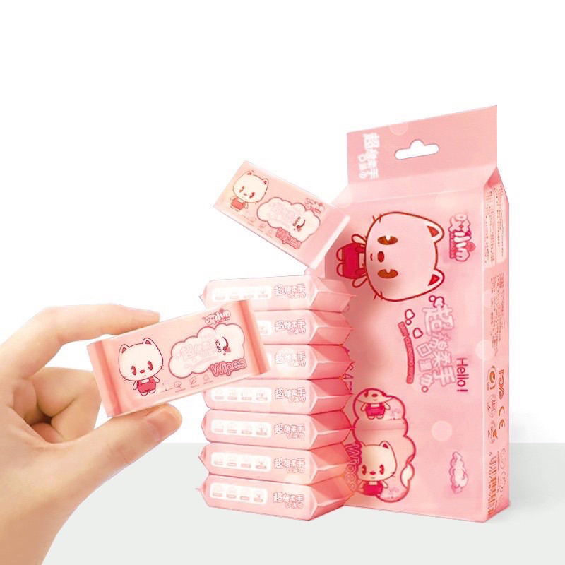 Khăn Giấy Ướt Mini Bỏ Túi Chính Hãng Nội Địa Trung Siêu Đáng Yêu 8 Gói/Túi