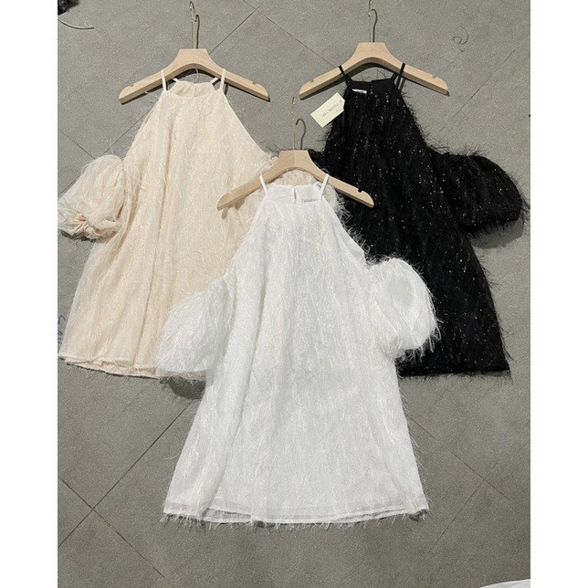 Áo Váy Cổ Yếm Trễ Vai Chất Liệu Lông Tơ Kim Tuyến, Đầm Hở Vai Almira