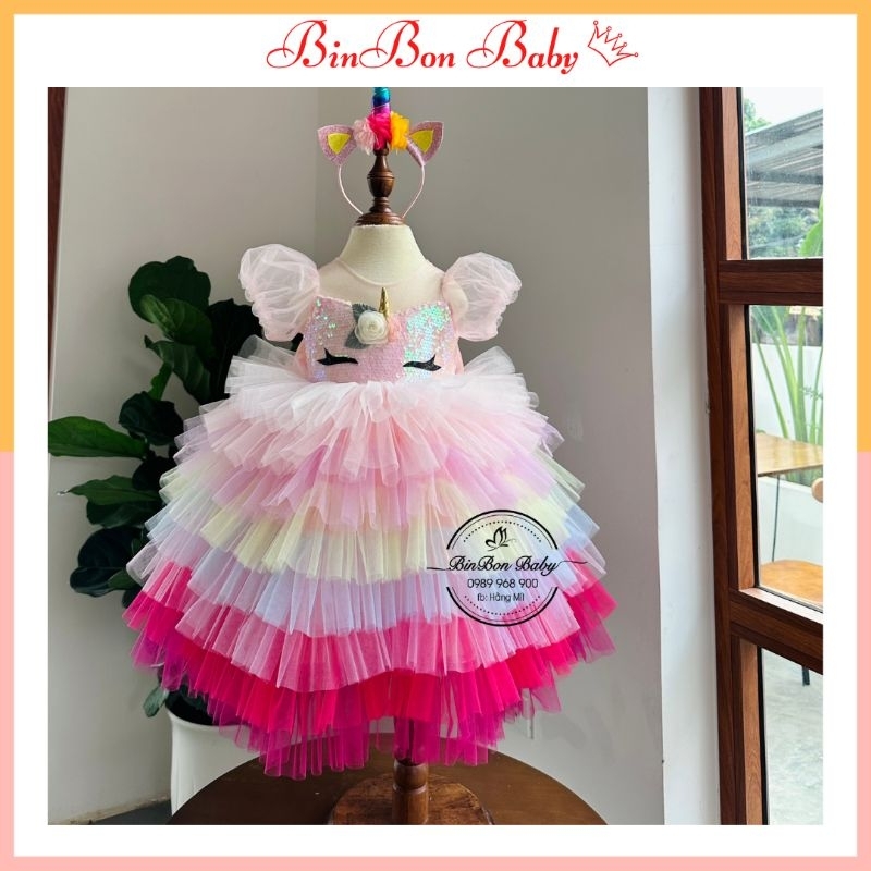 Váy công chúa cho bé BINBON BABY,đầm công chúa unicorn cầu vồng 8 tầng