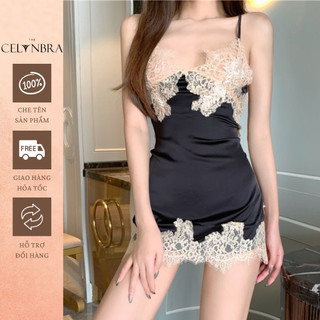 Váy ngủ lụa satin mềm phối ren sexy dây đan chéo lưng gợi cảm the celynbra - v1