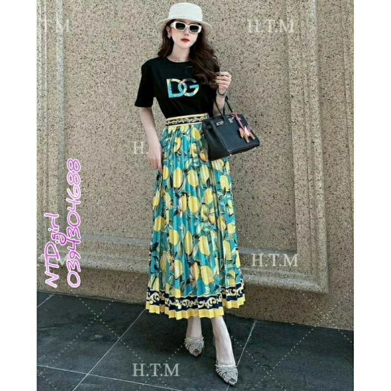 Hàng nhập - Set bộ nữ áo váy dáng xòe in hoa vàng, sét đồ thời trang thun phối lụa