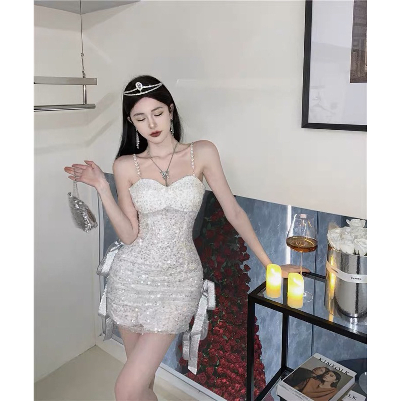Đầm sang chảnh ôm body Thắt Nơ hông Đính Kim Sa Lấp Lánh bling bling Siêu Đẹp quyến rũ sexy