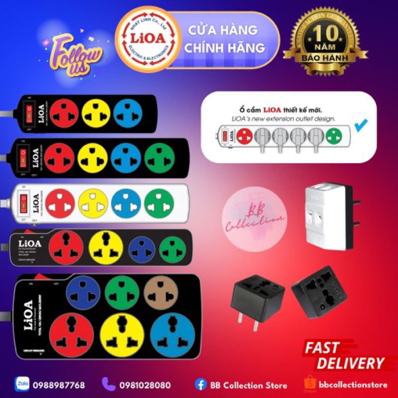 Ổ cắm điện LIOA 2 chấu, 3 chấu (3 lỗ, 4 lỗ, 5 lỗ, 6 lỗ), có công tắc, công suất 2000W - 2200W, dây dài 3m/5m