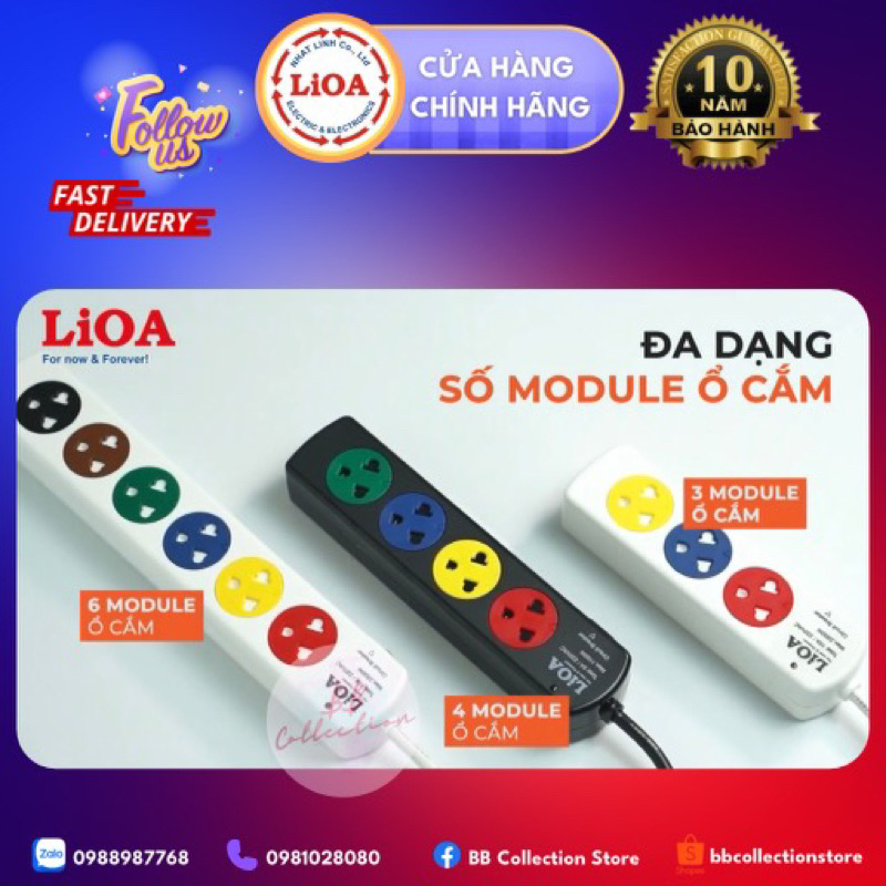Ổ cắm điện LIOA 2 chấu, 3 chấu , có công tắc, công suất 2000W - 2200W, dây dài 3m/5m