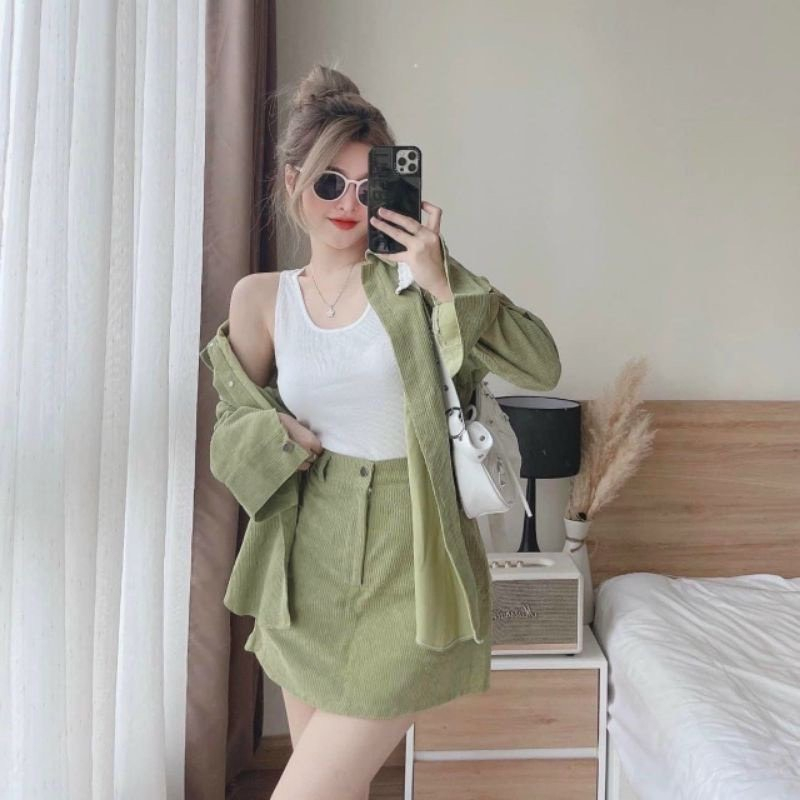 Set đầm váy nữ áo ba lỗ kèm áo khoác ngoài phối chân váy chữ A trẻ trung, năng động dành cho các nàng dạo phố xinh xắn