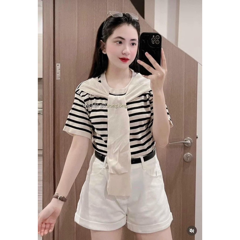 Áo len kẻ ngang dệt cộc tay cổ nơ choàng siêu đẹp
