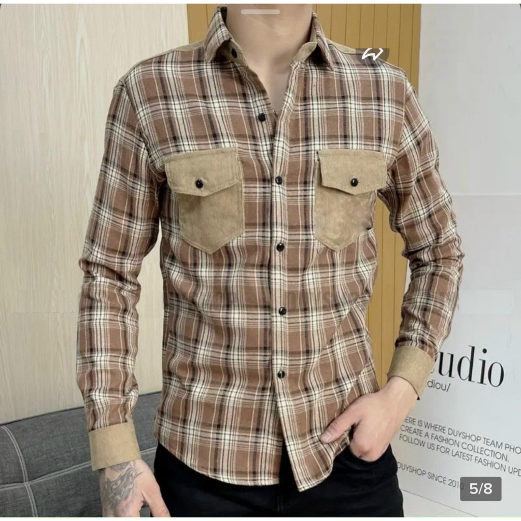 Áo sơ mi caro nỉ cặp đôi phối túi nhung màu vintage có video tự quay