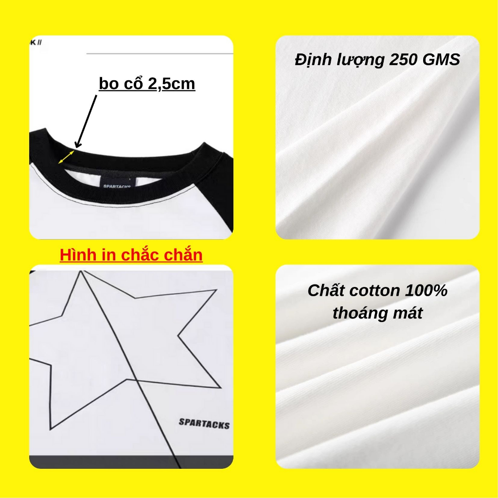 Áo thun tay lỡ Raglan phối màu tay áo đen trắng họa tiết ngôi sao chất liệu 100% cotton 2 chiều áo form rộng Hot hè 2023