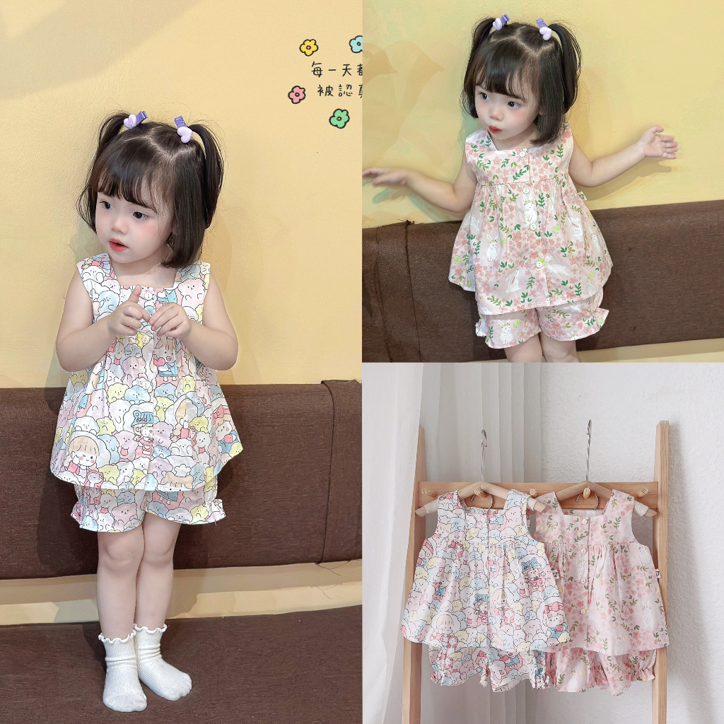 Bộ bé gái họa tiết hoa nhí gấu mặc thoáng mát cho bé