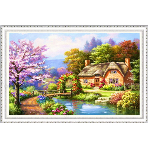 Tranh thêu chữ thập phong cảnh ngôi nhà nhỏ bên sông 2117 (60cm x 45)