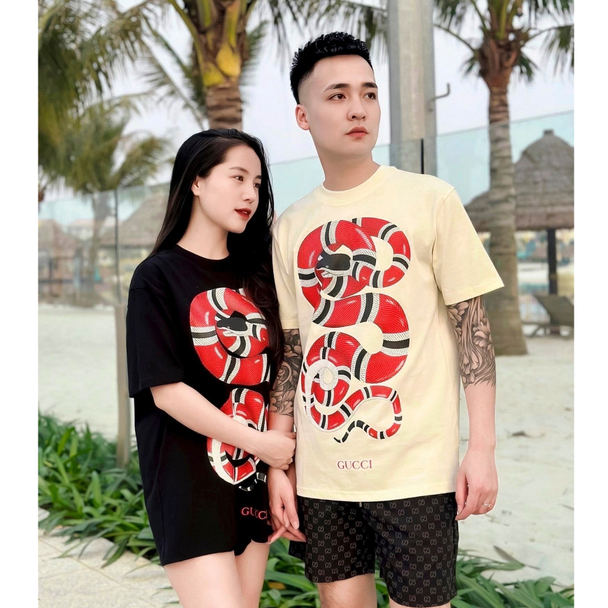 Áo phông Gucci Cotton nam nữ cổ tròn Unisex, Áo thun cộc cổ tròn ucci chất liệu Cotton tay ngắn in họa tiết rắn cao cấp