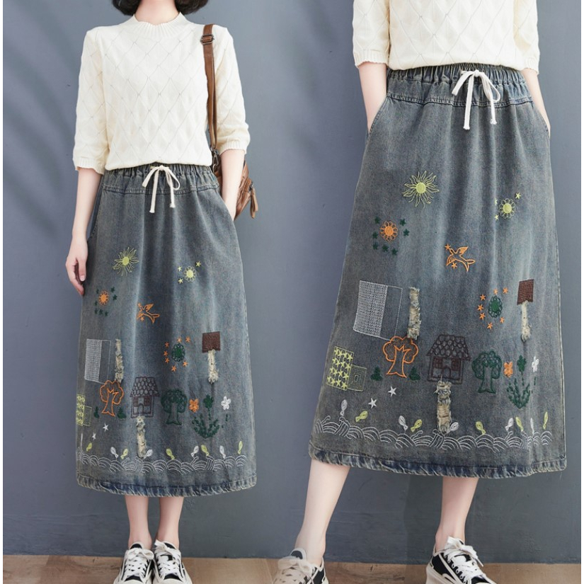 A465 Chân váy jeans bigsize freesize thêu hoa văn sang trọng kiểu dáng trẻ trung