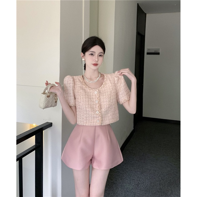Set Hai Món Áo Quần Sooc Và Áo Vest Dạ Màu Hồng Sang Chảnh Hàn Quốc Hàng Chất Đẹp Chuẩm Form Quảng Châu Cao Cấp