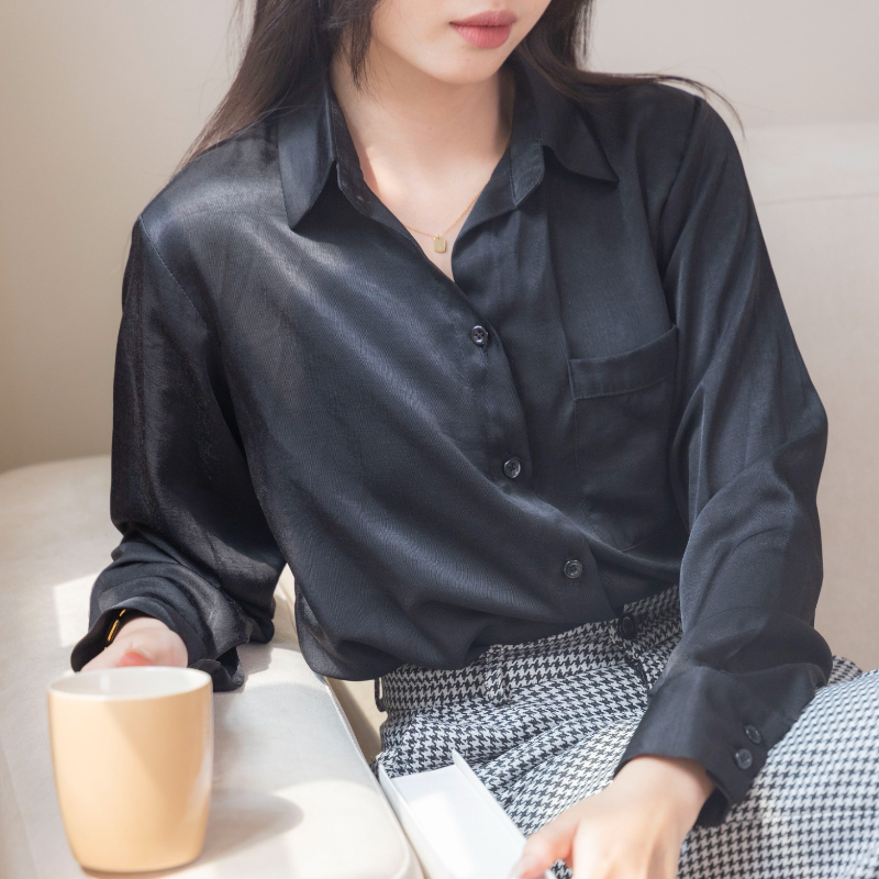 Áo sơ mi nữ công sở tay dài chất tơ xước màu đen thoáng mát mềm mại trẻ trung thanh lịch KHÀN BLAZER